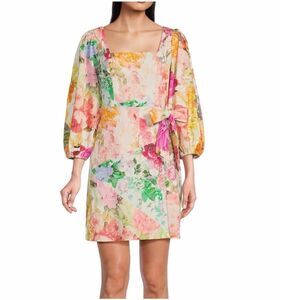 VINCE CAMUTO Floral Cotton Linen Mini Dress Tie‎ Waist Pink Green Size 2 6 New